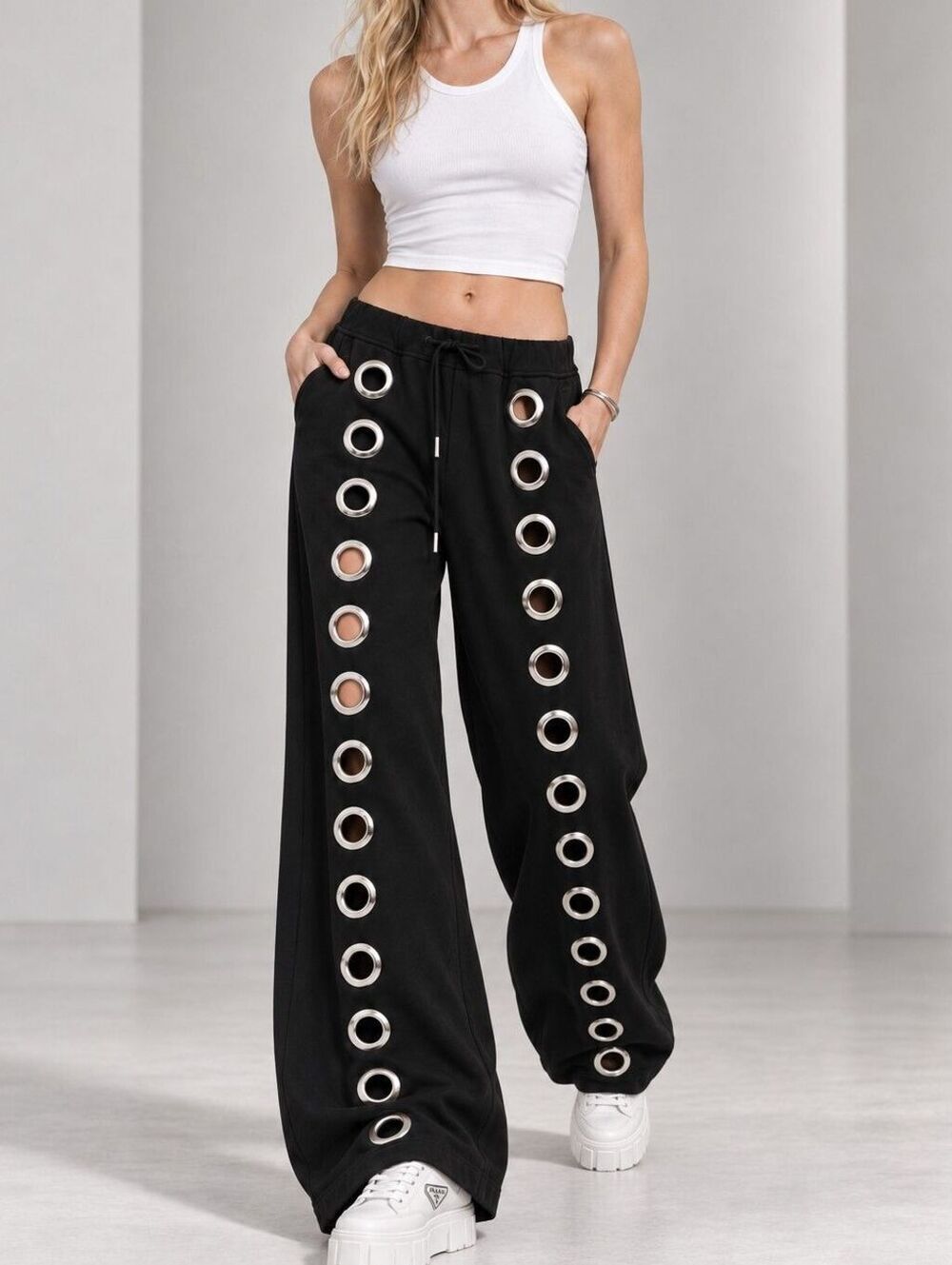 NWT Y2K Black Streetwear Oversized Grommet Wide Leg High Rise Pants Rave Grunge - Picture 5 of 15